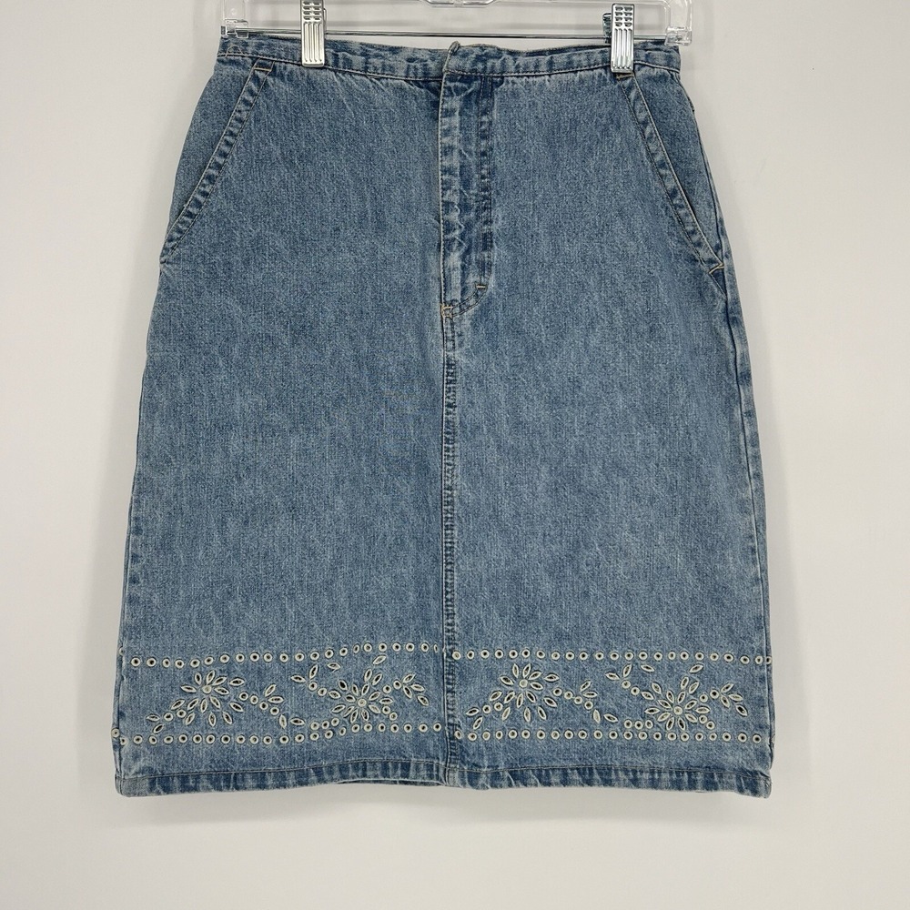 Gloria Vanderbilt Denim Skirt Eyelet Floral Embroidery Boho‎ Cottagecore Size 6